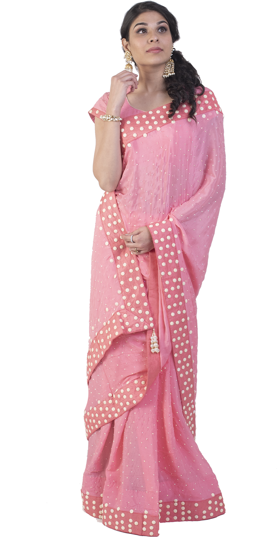 Pink Saree With Pearl Embroidered Border - Silk (1200x1800), Png Download