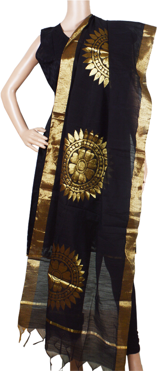 Dsc - Black Dupatta With Golden Border (1200x1200), Png Download