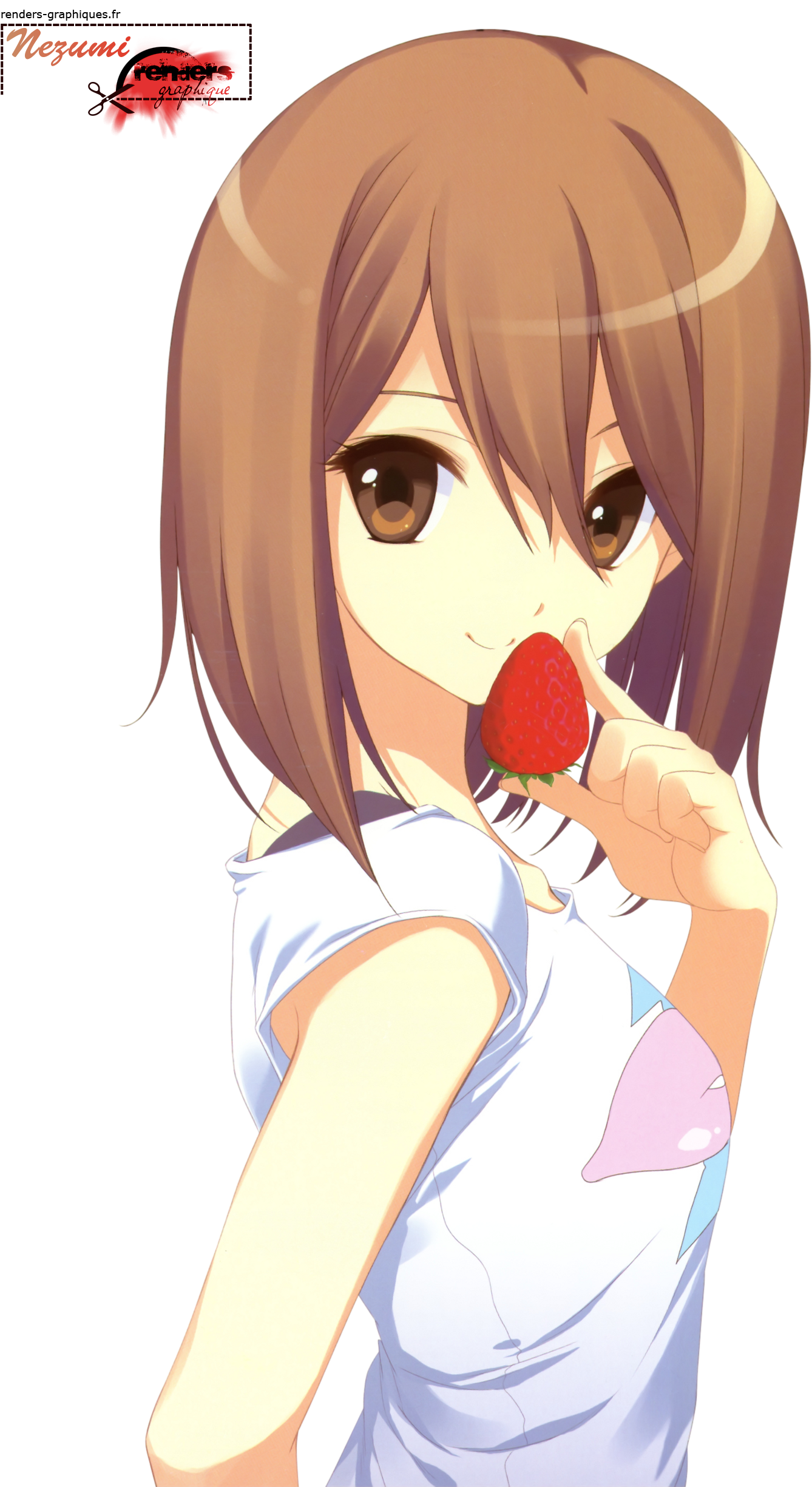 Render K On Yui Hirasawa Brune Fraise Tee Shirt Blanc - K On Yui (1556x2500), Png Download