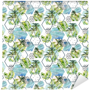 Watercolor Tropical Leaves And Palm Trees In Geometric - Placemat (400x400), Png Download