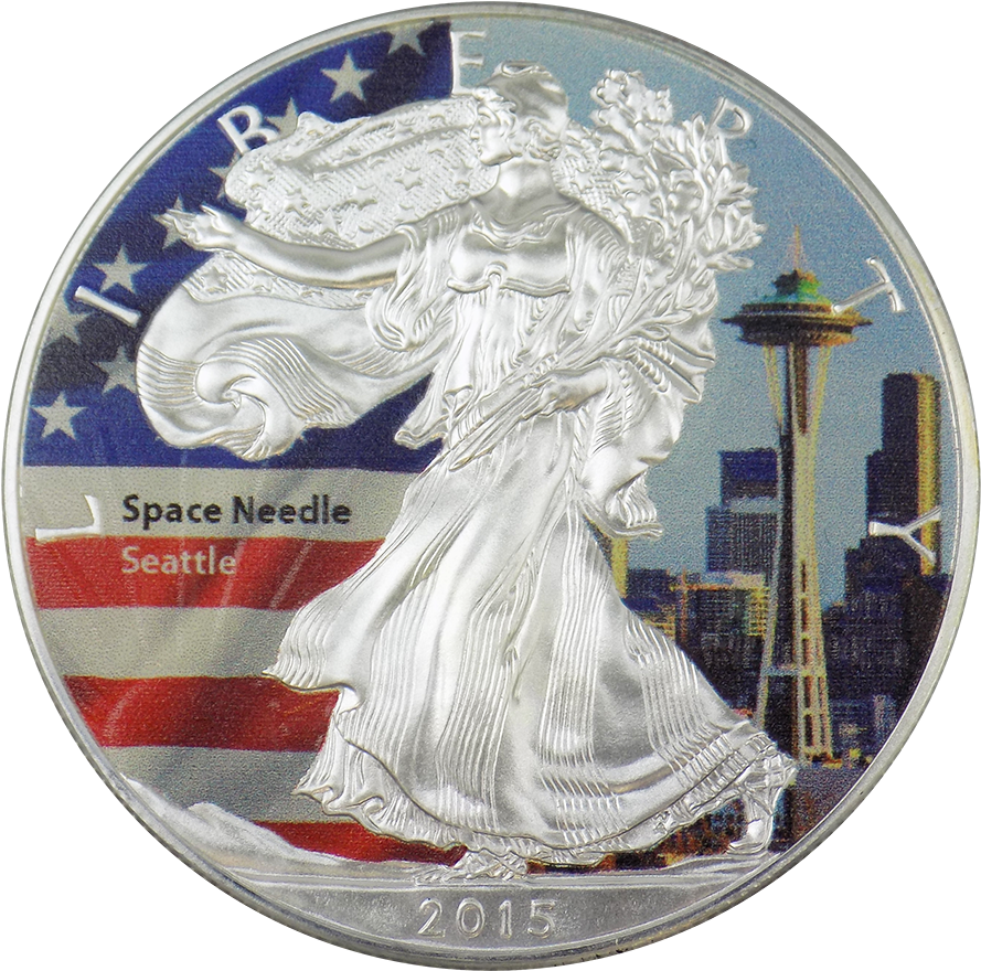 Pre-owned 2015 Usa Eagle 1oz Colourised Silver Coin - Seattle (900x900), Png Download