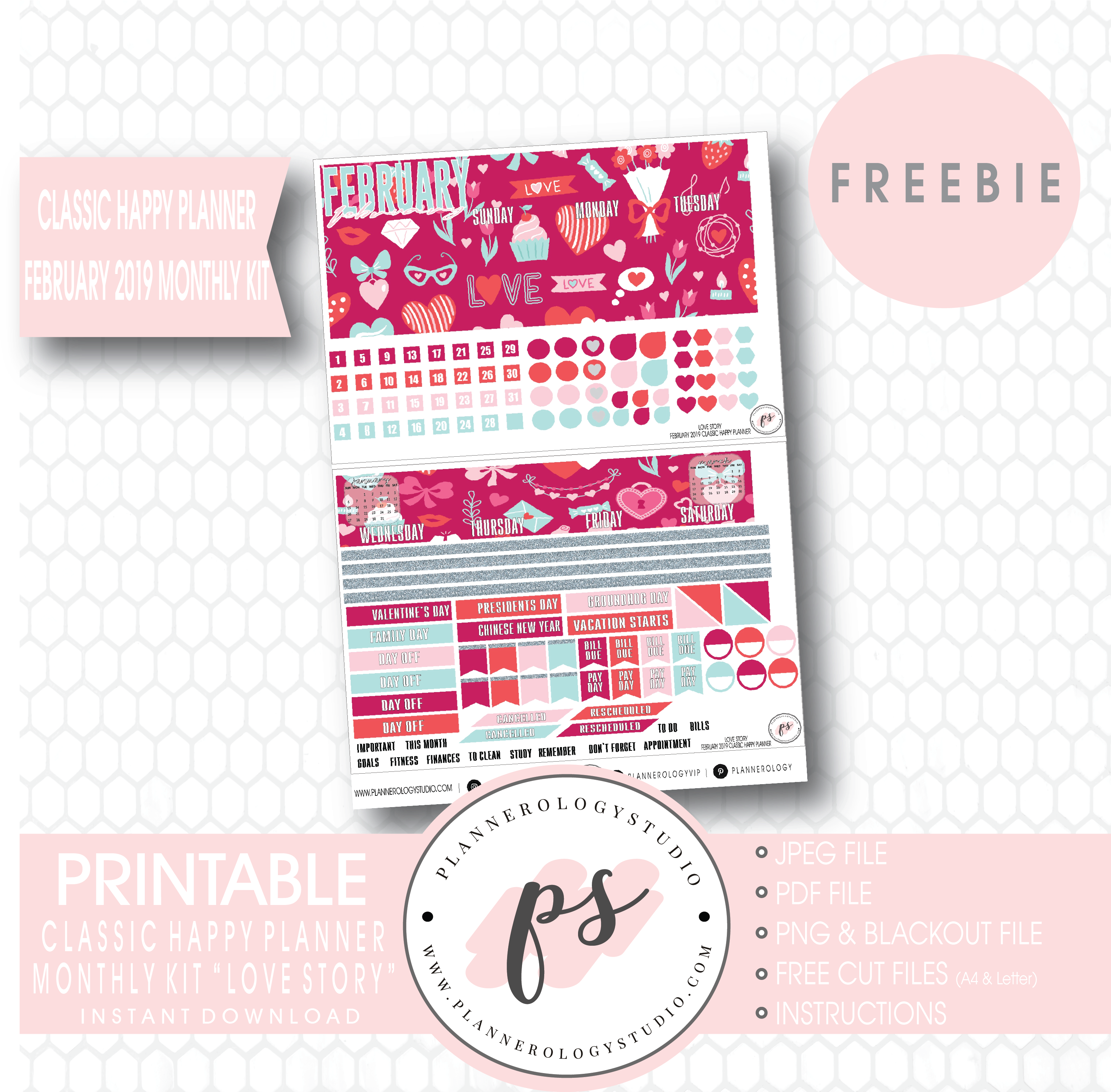 Love Story Classic Happy Planner February 2019 Monthly - Free Planner Sticker Printables Winter (3067x3000), Png Download