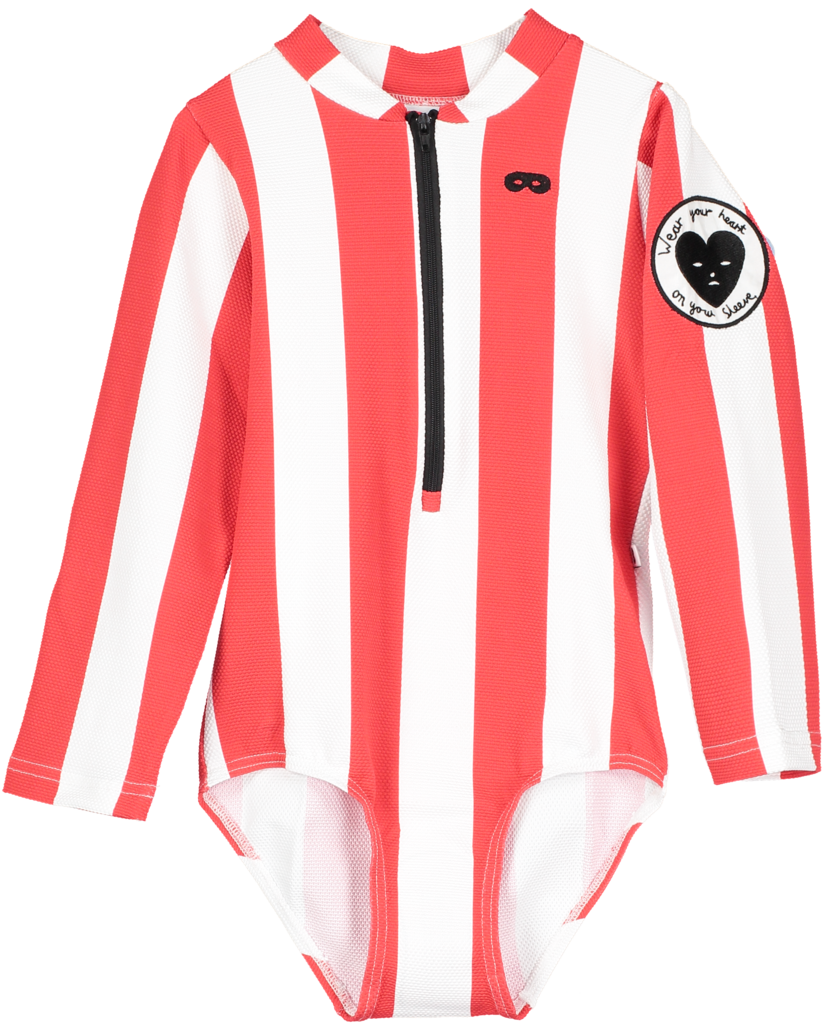 Zip Front Swimsuit Longsleeve Ecru Tomato Red Stripes - Collar (827x1024), Png Download