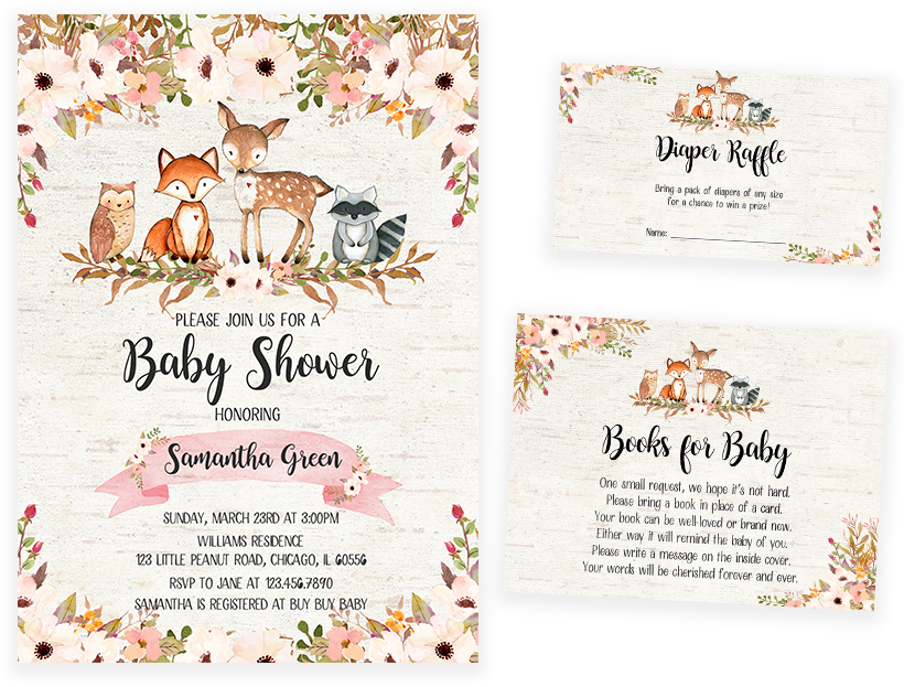 Floral Woodland Baby Shower Invitation Pack - Printable Woodland Baby Shower (819x1024), Png Download