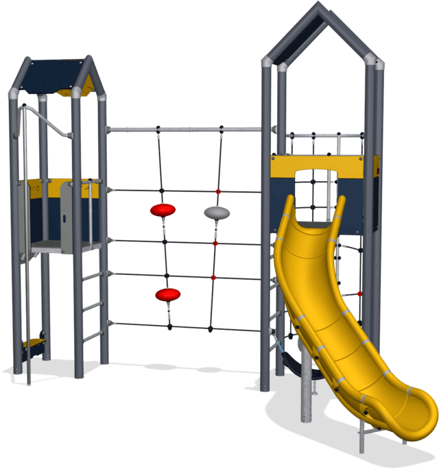 Double Tower With Climbing Net, Physical, Plastic Slide - Playground Slide (640x684), Png Download