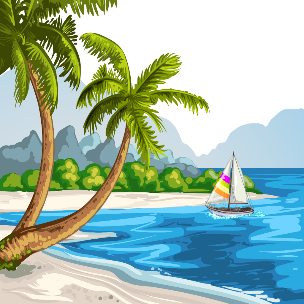 Beach Boat Coconut Palms Sea Ocean Water Summer Scenery - Scenery Of Beach Drawing (1024x1024), Png Download