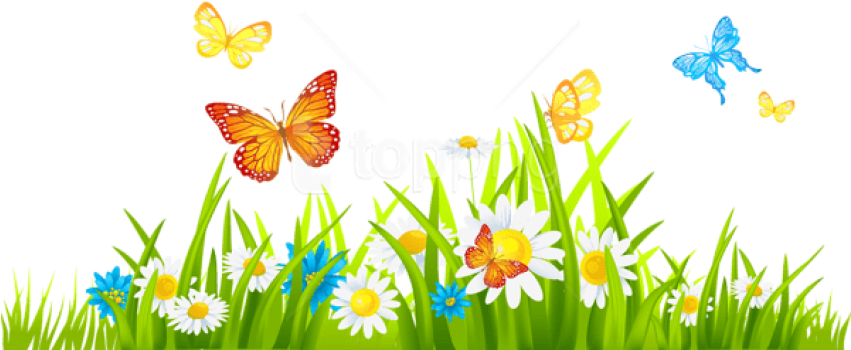 Free Png Download Grass Ground With Flowers And Butterflies - Grass With Flower Clipart (850x366), Png Download