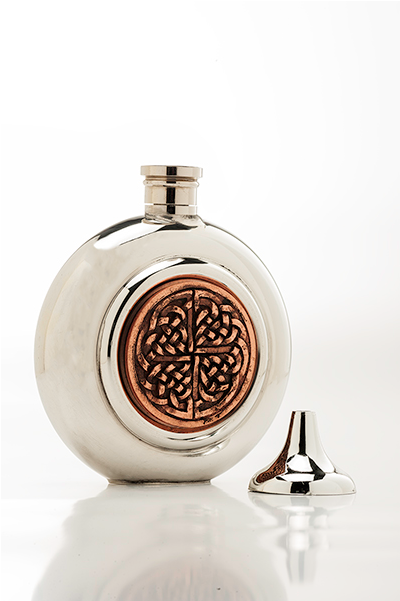 Round Celtic Copper Badge Hip Flask With Funnel - Glass Bottle (600x600), Png Download