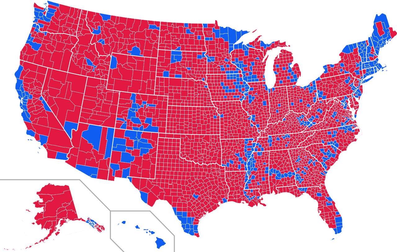 Us Election - 2016 Election County Map (1280x812), Png Download