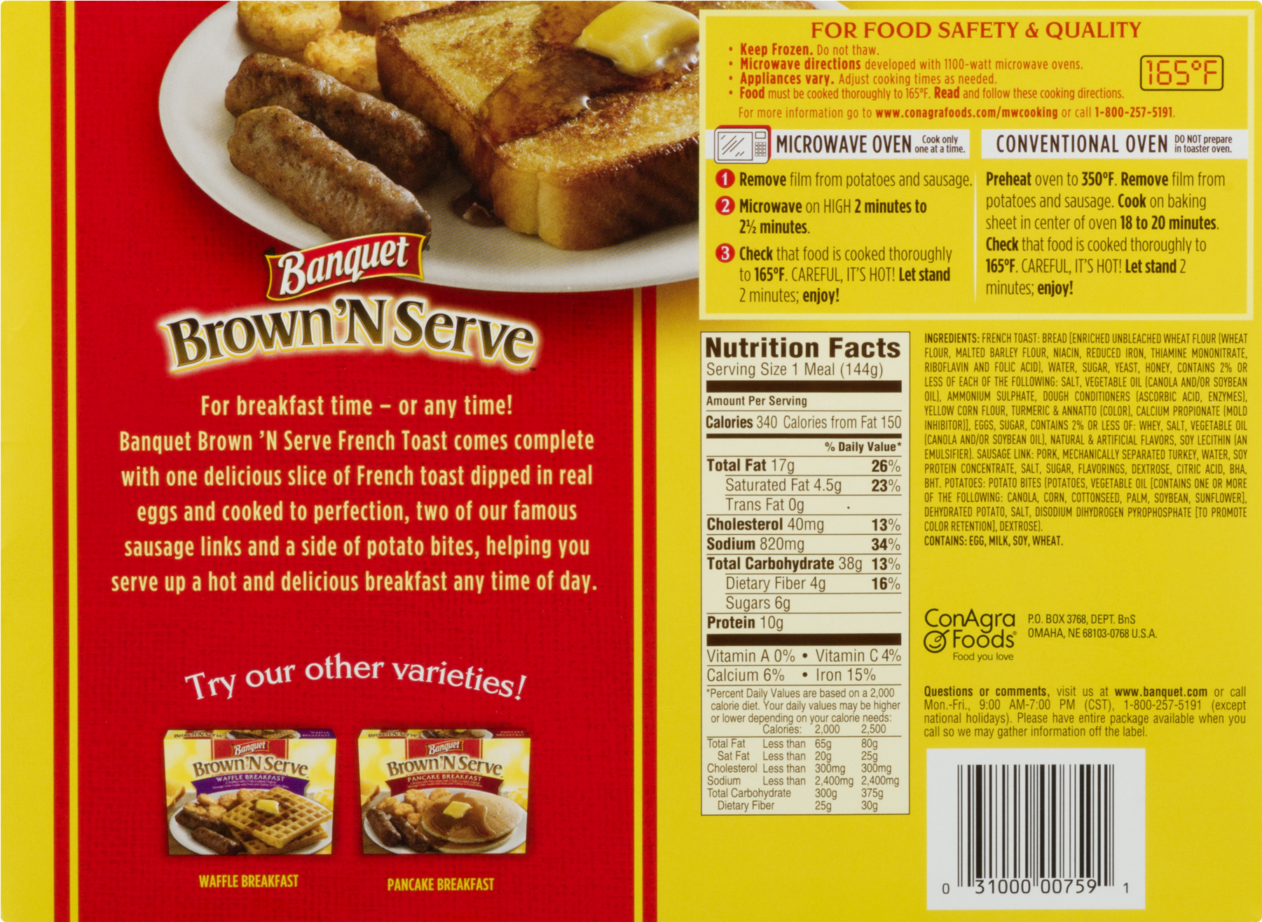 Banquet® Brown'n Serve™ French Toast Breakfast Meal - Dish (1800x1800), Png Download