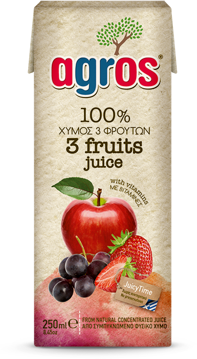 “agros” 3 Fruits Juice 100% 250ml - Juice (800x800), Png Download