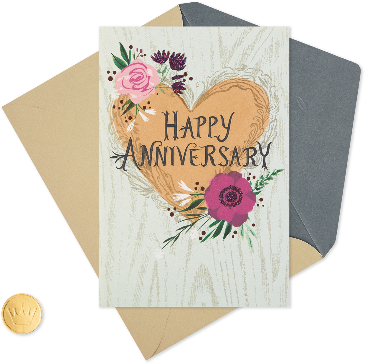 Heart And Flowers With Glitter Anniversary Card - Hybrid Tea Rose (1470x1470), Png Download