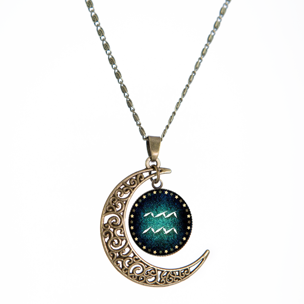 Aquarius Bronze Crescent Moon Necklace Aquarius - Locket (1024x1024), Png Download