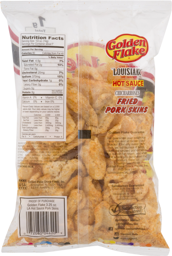 Golden Flake Pork Skins, Louisiana Hot Sauce - Golden Flake Pork Rinds Nutrition (1000x1000), Png Download