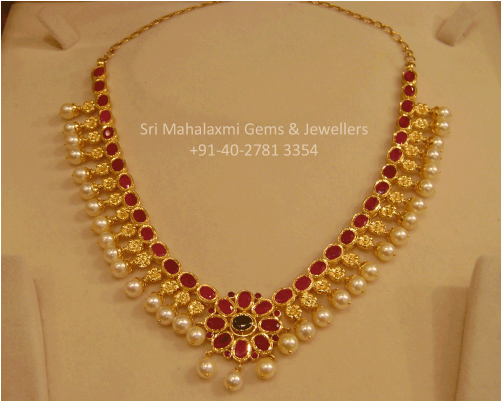 Ruby South Sea Pearls Short Necklace - Sri Mahalakshmi Gems And Jewels Short Necklace Designs (500x625), Png Download