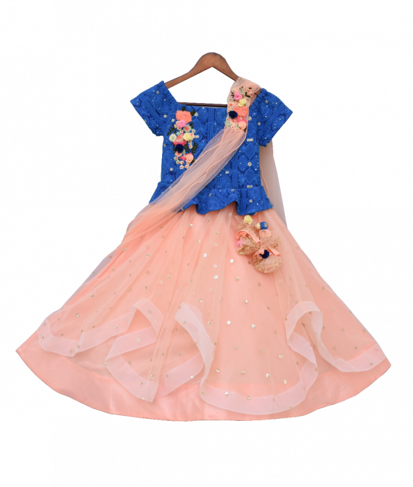 Blue Embroidery Choli With Peach Net Lehenga & Stitched - Silk (594x700), Png Download