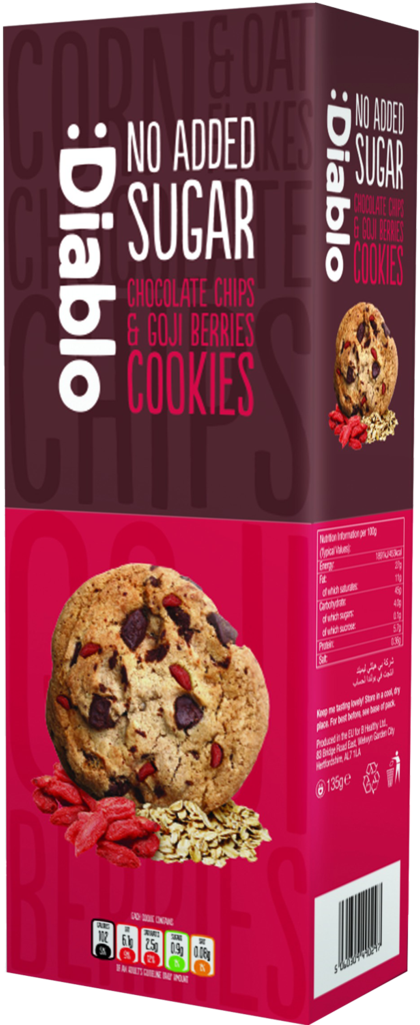 Diablo No Added Sugar Chocolate Chip & Goji Berries - Diablo Chocolate Chips And Goji Berries Cookies (1024x1024), Png Download