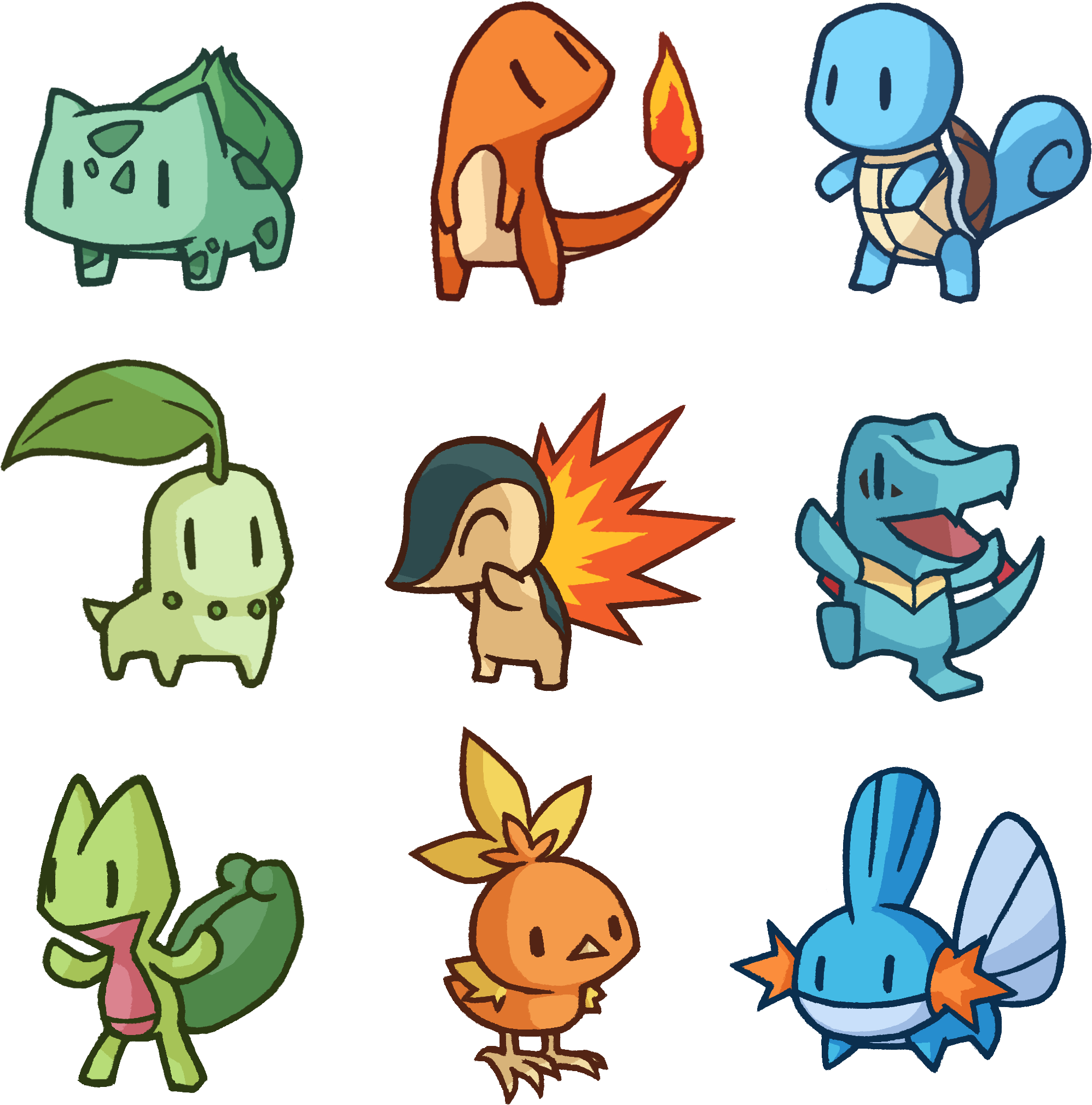 Gen 201 3 20starters Original - Gen 1 2 And 3 Starters (2179x2161), Png Download