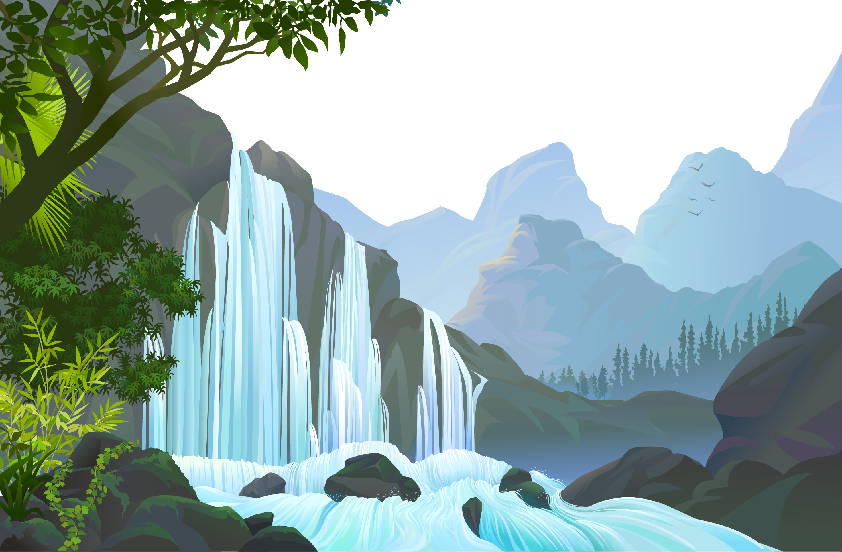 Nature Waterfalls Transprent Png Free - Jungle Waterfall Illustration (2954x1937), Png Download