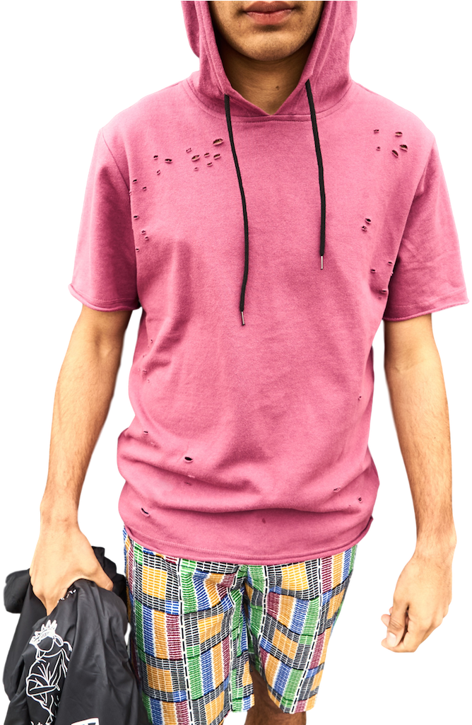 Mauve Colored Distressed Short Sleeve French Terry - Hoodie (687x1024), Png Download