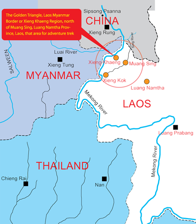 The Golden Triangle, Laos Myanmar Border Or Xieng Khaeng - Golden Triangle Laos Map (645x738), Png Download