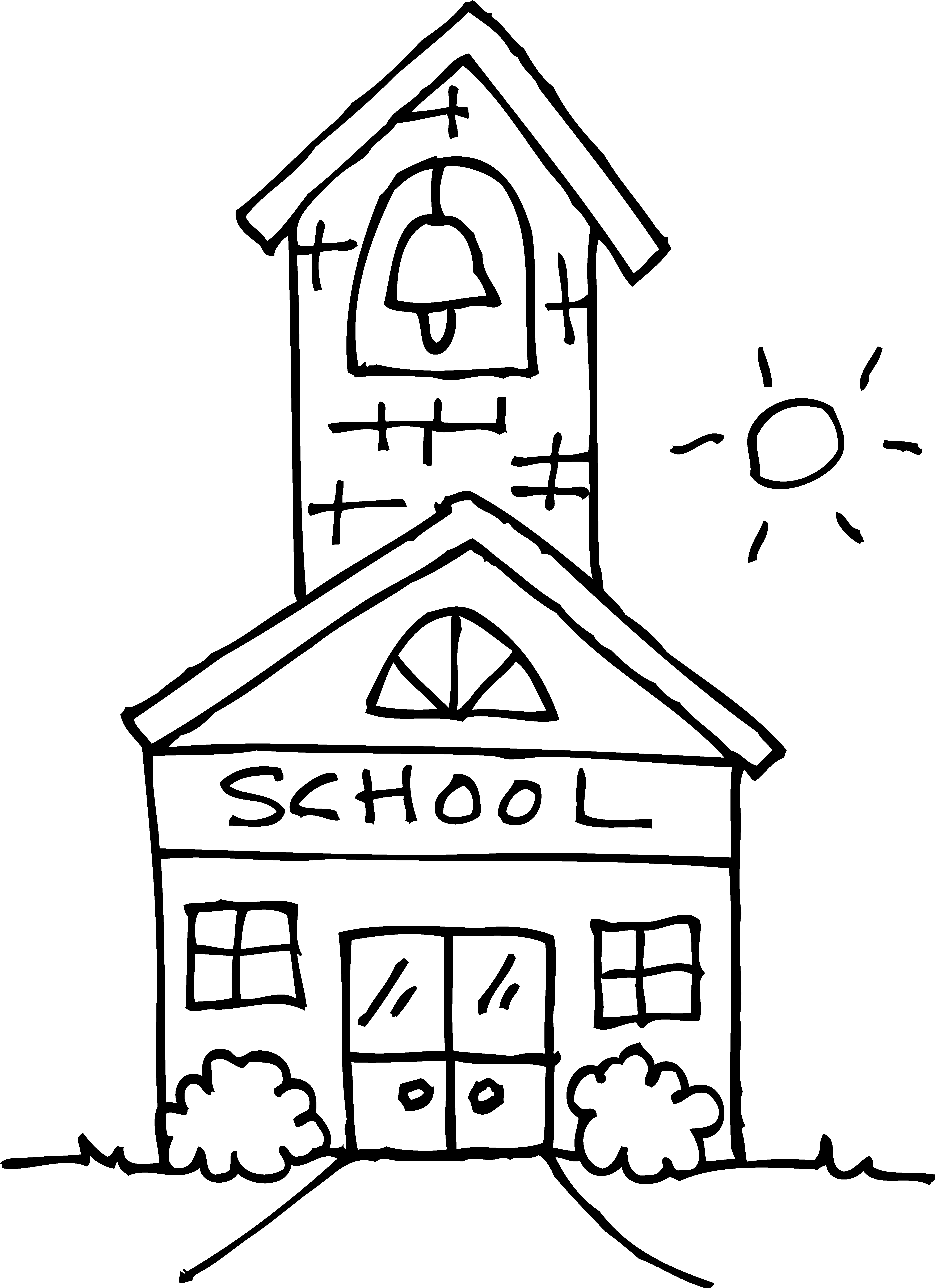 Cute Schoolhouse Coloring Page - School Clipart Black And White (4453x6136), Png Download