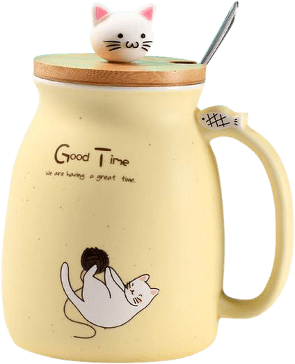 Taza De Café Gato Con Tapa Y Cuchara - Cat Mug With Lid (600x600), Png Download