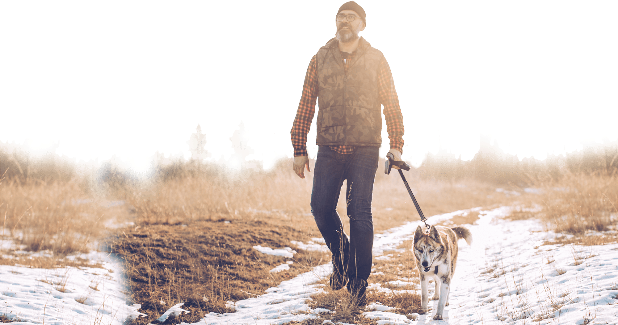Man In Snow - Dog Walking (2000x1064), Png Download