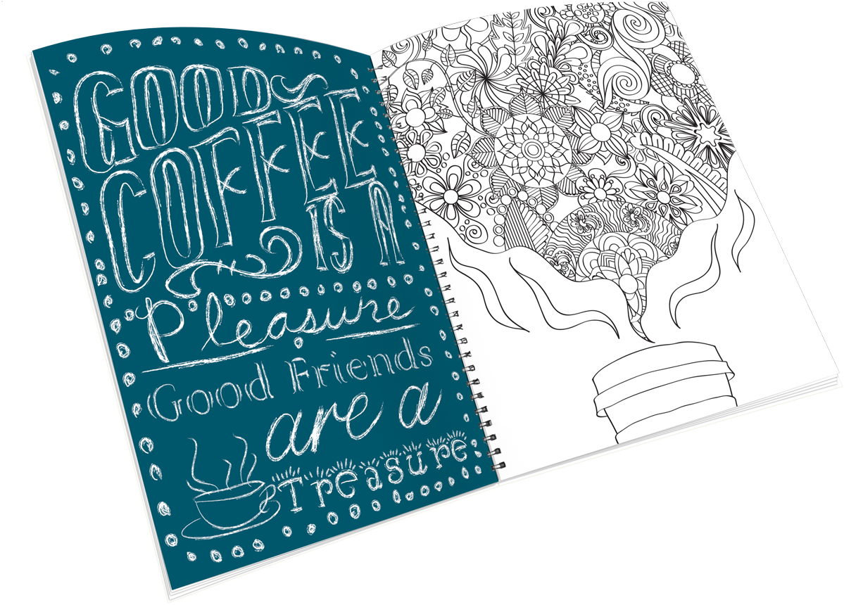 Open Spiral-bound Coloring Journal With A Coffee Cup - Sketch (1344x1034), Png Download