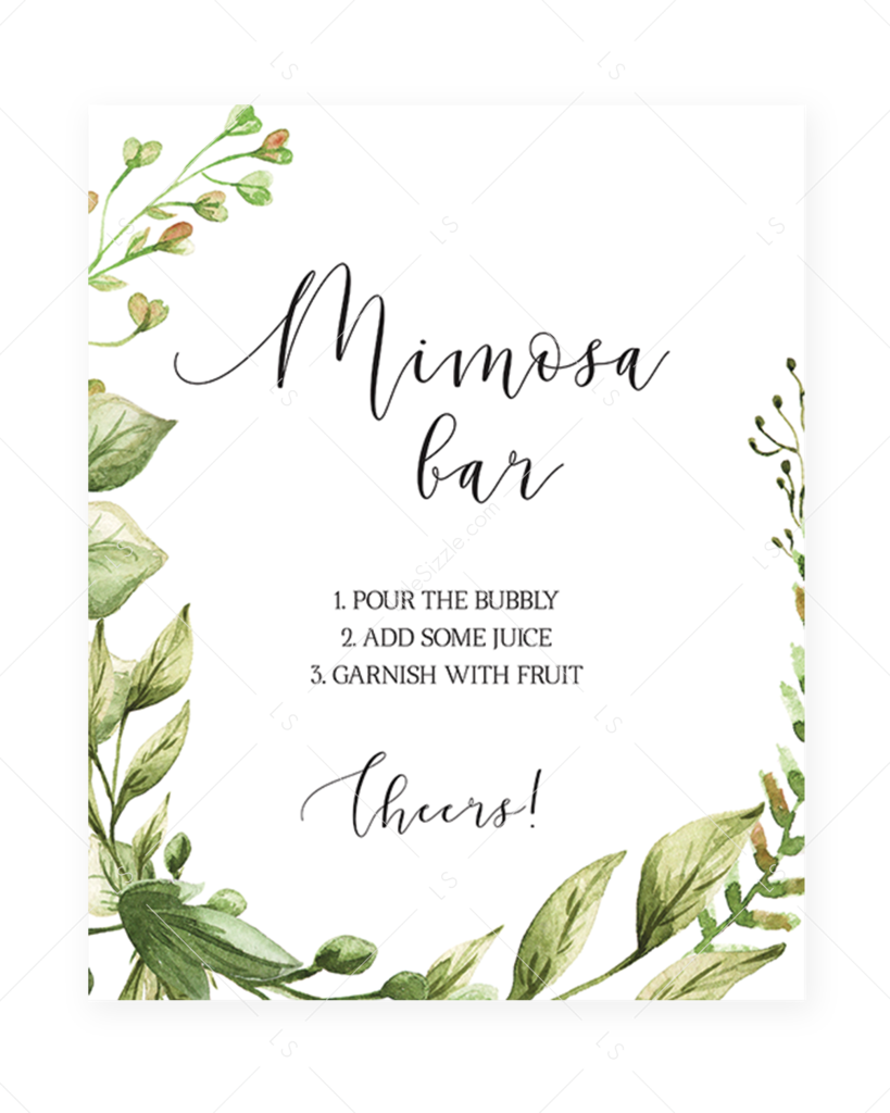 Printable Mimosa Sign For Baby Shower Watercolor Leaves - Mom Osa Bar ...