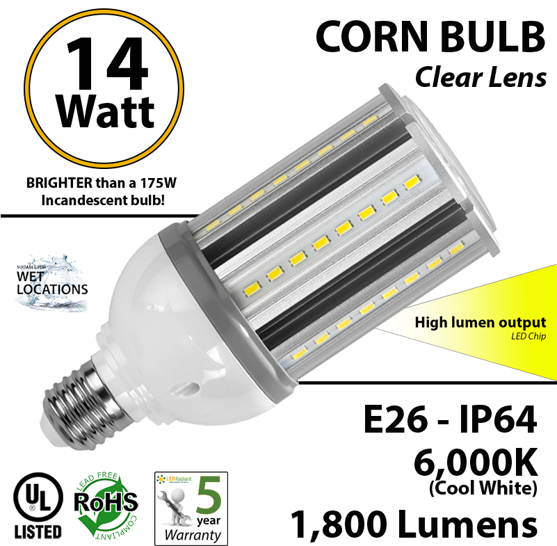 14 Watt Led Corn Light Bulb 1800lm 150w Equivalent - 300 Watt Incandescent Led Replacement (800x804), Png Download