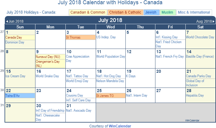 July 2018 Calendar With Canada Holidays To Print - Chinese New Year 2020 Calendar (720x436), Png Download