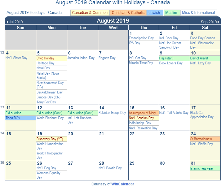 Print Friendly August 2019 Canada Calendar For Printing - Holidays In December 2018 (720x613), Png Download