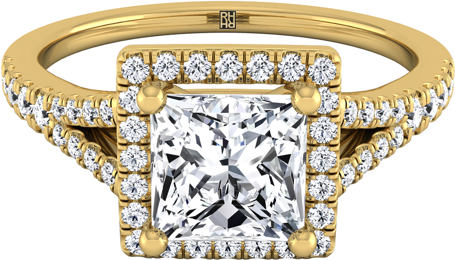 Princess Cut Diamond Halo Engagement Ring With Scroll - Diamond (1200x1200), Png Download