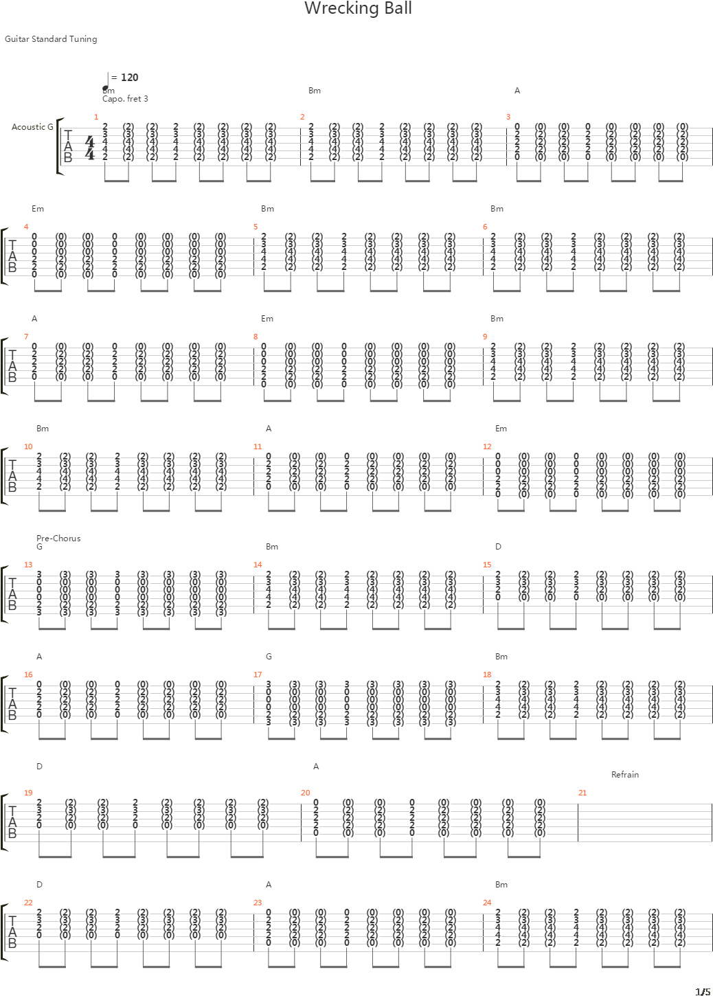 Wrecking Ball吉他谱 (1110x1570), Png Download