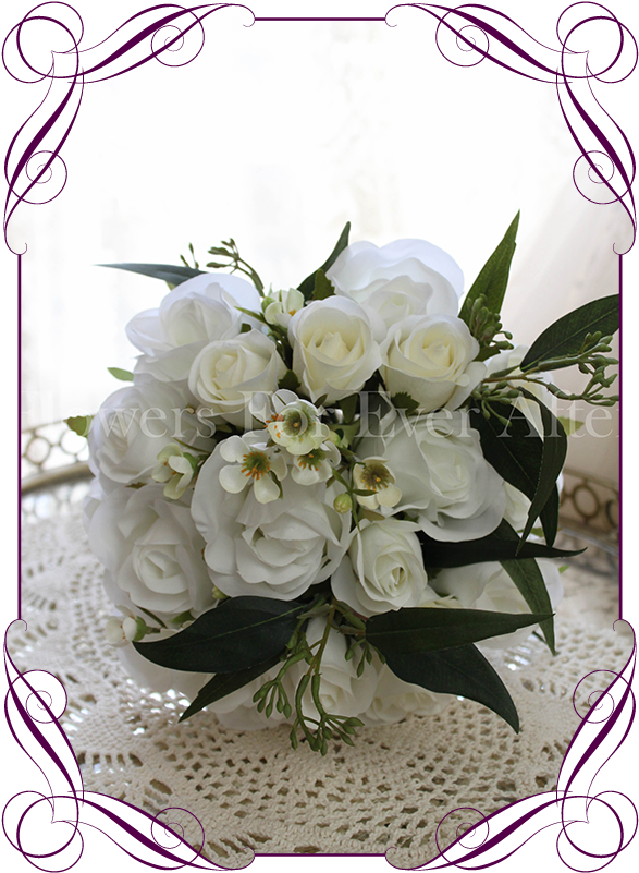 White Silk Artificial Rustic Boho Wedding Bouquet Posy - Artificial White Roses Bridal Bouquet (608x822), Png Download