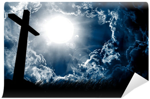 Cross Silhouette And The Sky With Full Moon Wall Mural - Sun Shining Through Dark Clouds Skin (400x400), Png Download