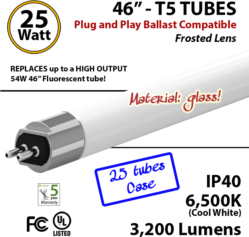Led T5 Glass Tube Light 25 Watts 6500k Frosted Lens - Cable (800x805), Png Download