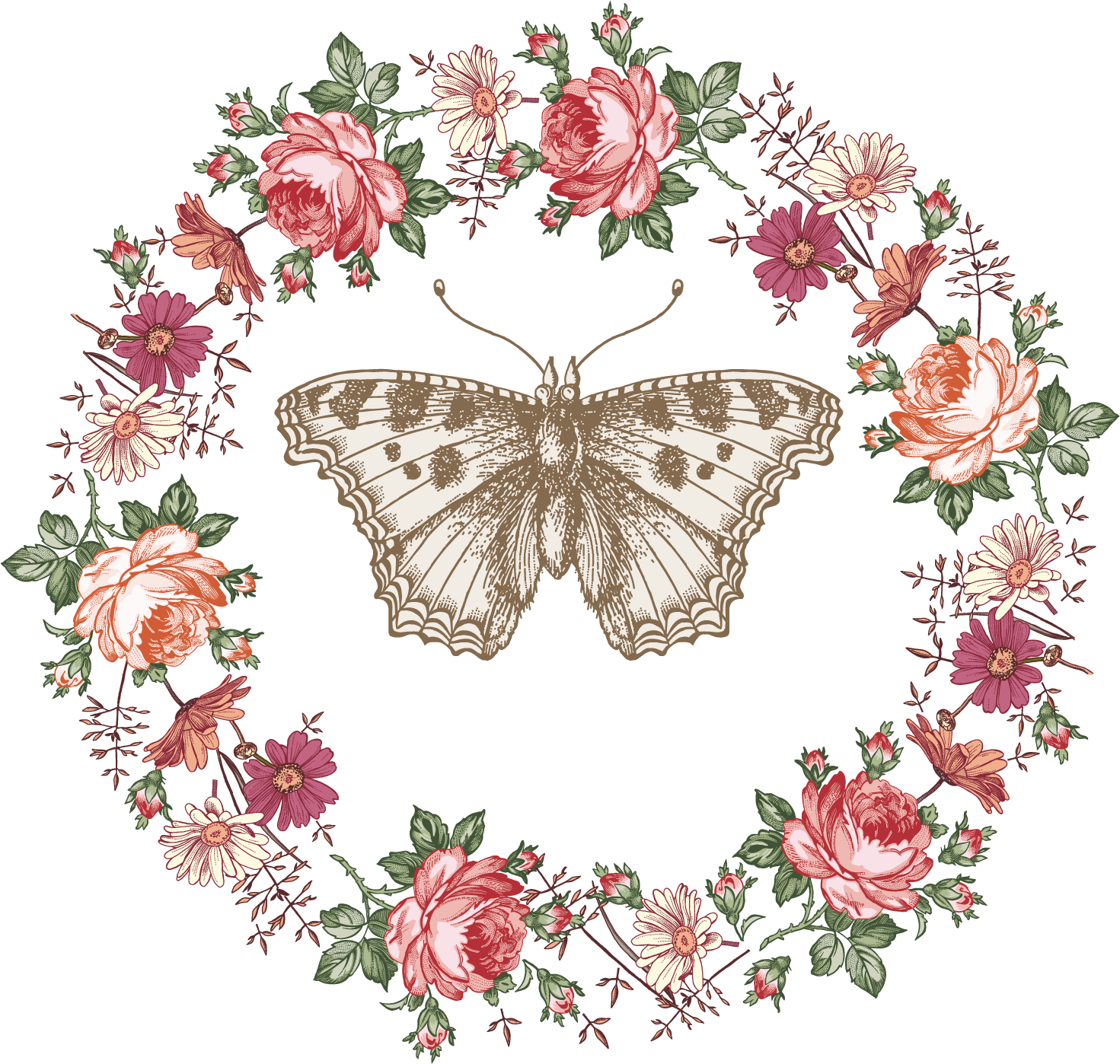 Butterfly Clipart Wreath - Vector Flower Watercolor Border (1500x1500), Png Download