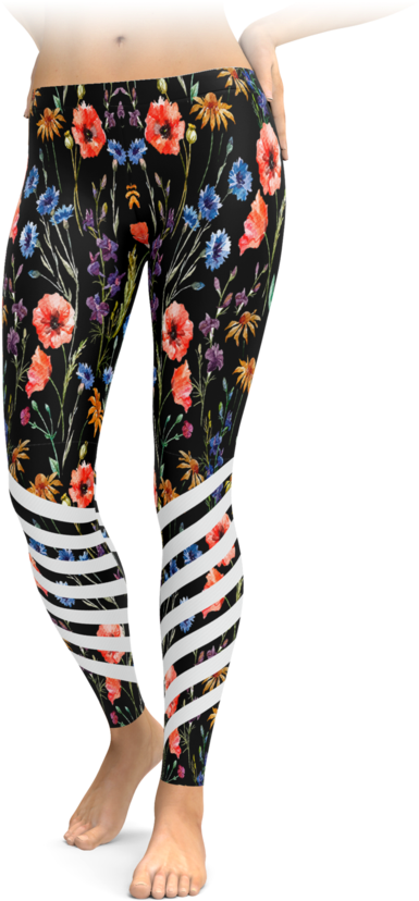 Spring Floral Racing Stripes Leggings - Leggings (740x896), Png Download