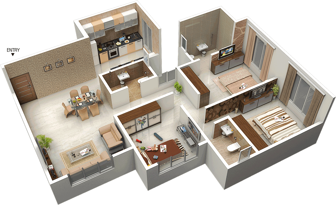 3bhk - Floor Plan (1152x754), Png Download
