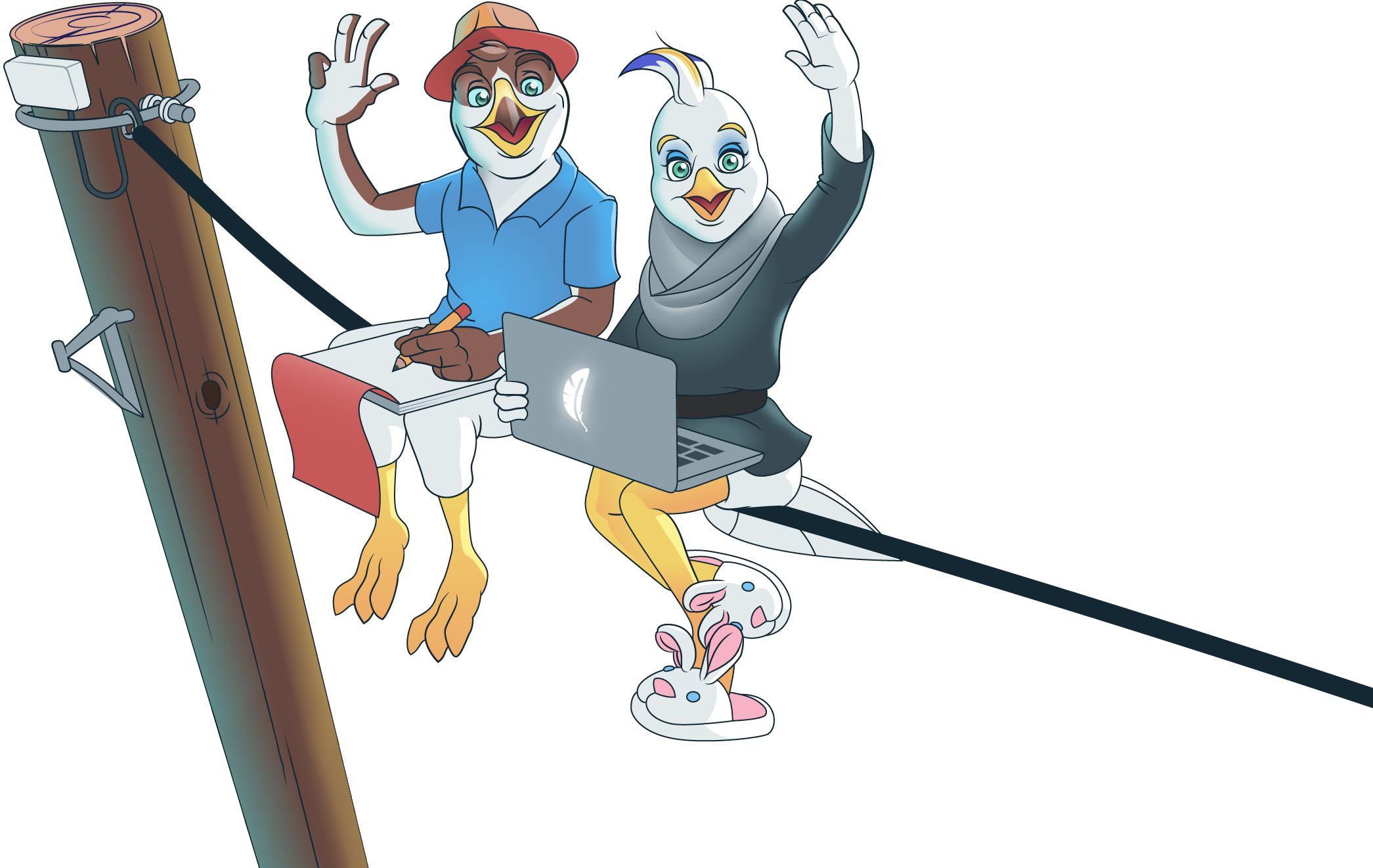 Birds Sitting At A Table Waving - Cartoon (2091x1322), Png Download