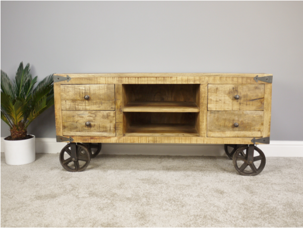Industrial Style Tv Stand With 2 Open Trays And 4 Drawers - Furniture (600x600), Png Download