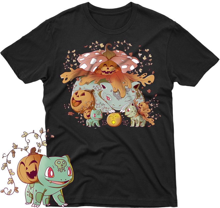 Bulbasaur Autumn Fall Halloween Day Black Unisex T-shirt - Halloween Squirtle Pokemon (857x810), Png Download