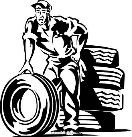 Auto Mechanic With Tires Royalty Free Vector Clip Art - Tire Shop Clipart (461x480), Png Download