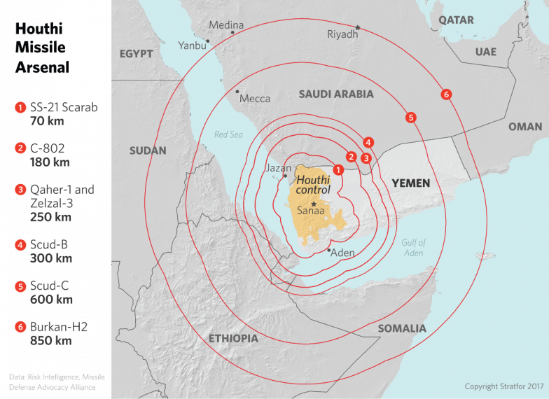Houthi Missile Ranges - Diagram (784x570), Png Download